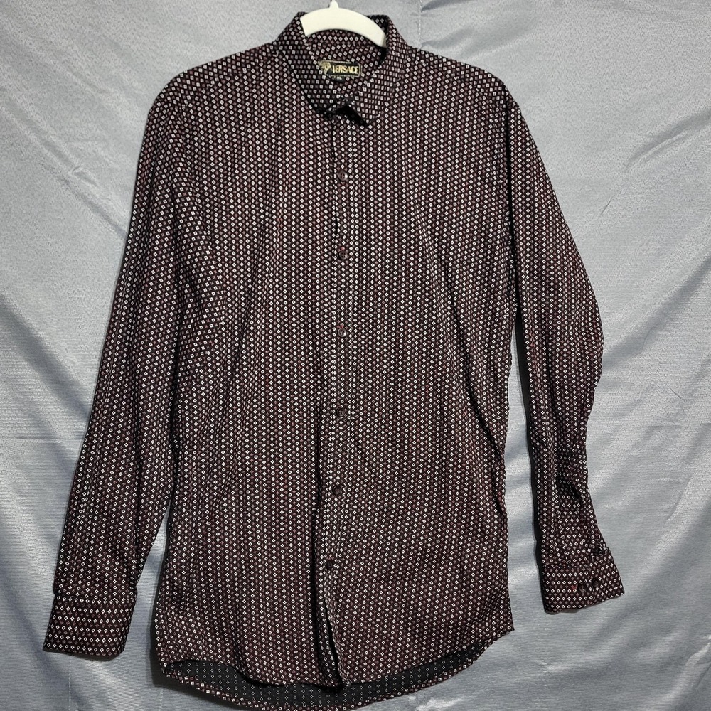 Versace Dress Shirt Mens XL Black Red Geometric Print Button Up Long Sleeve
